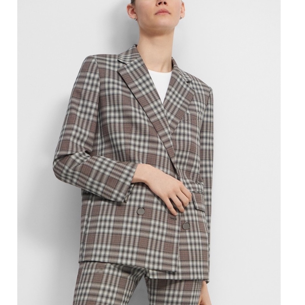 Theory Woman Plaid Wool Double Breasted Oversized Blazer Jacket SIZE00 Luxury